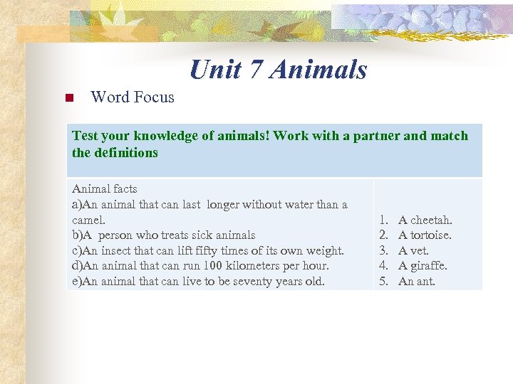 Unit 7 Animals n Word Focus Test your knowledge of animals! Work with a