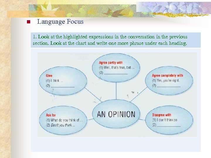 n Language Focus 1. Look at the highlighted expressions in the conversation in the