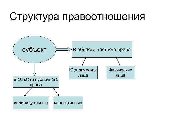 Структура правоотношения субъект В области частного права В области публичного права индивидуальные Юридические лица