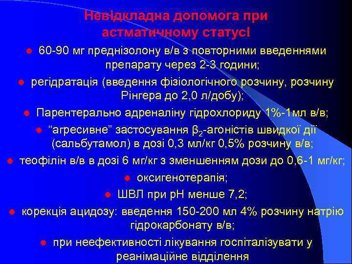 Невідкладна допомога при астматичному статусі 60 -90 мг преднізолону в/в з повторними введеннями препарату