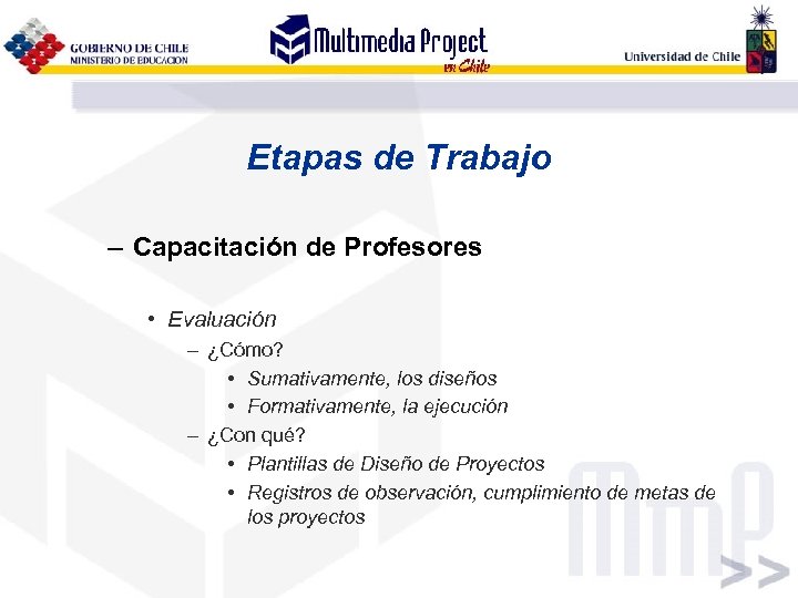 Etapas de Trabajo – Capacitación de Profesores • Evaluación – ¿Cómo? • Sumativamente, los