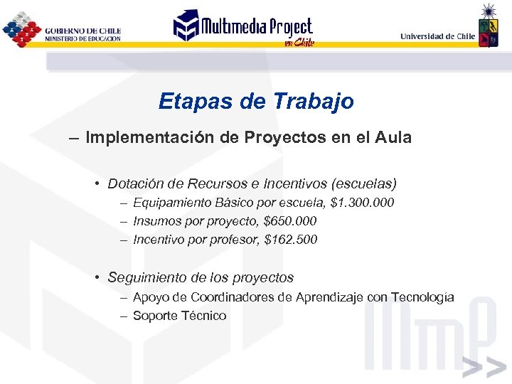 Etapas de Trabajo – Implementación de Proyectos en el Aula • Dotación de Recursos