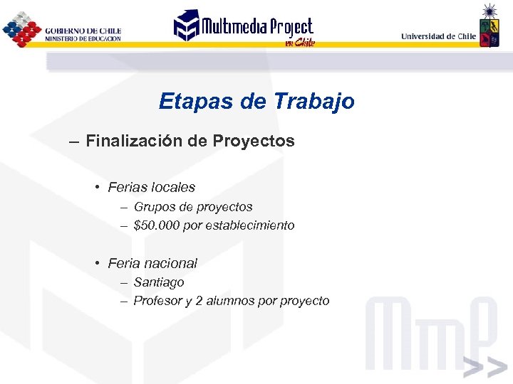 Etapas de Trabajo – Finalización de Proyectos • Ferias locales – Grupos de proyectos
