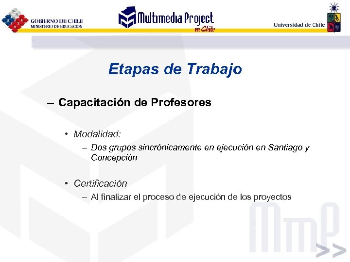 Etapas de Trabajo – Capacitación de Profesores • Modalidad: – Dos grupos sincrónicamente en