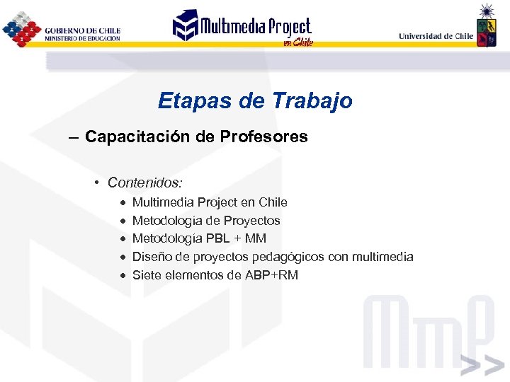 Etapas de Trabajo – Capacitación de Profesores • Contenidos: · · · Multimedia Project