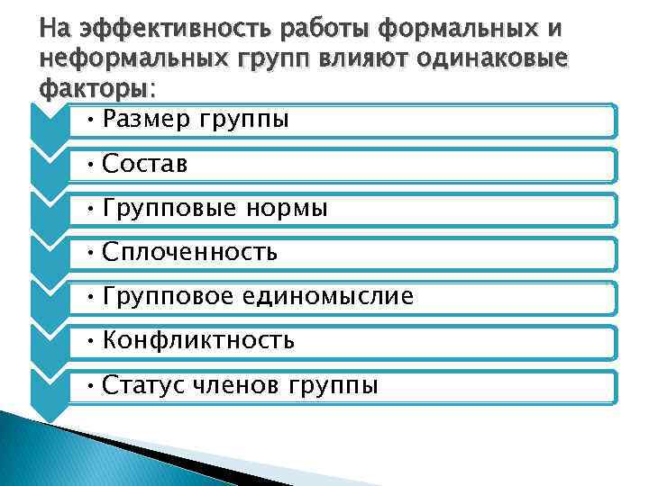 На эффективность работы формальных и неформальных групп влияют одинаковые факторы: • Размер группы •