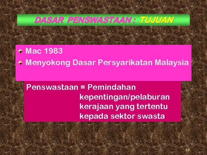 DASAR PENSWASTAAN : TUJUAN Mac 1983 Menyokong Dasar Persyarikatan Malaysia Penswastaan = Pemindahan kepentingan/pelaburan