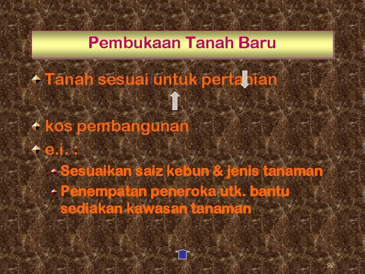 Pembukaan Tanah Baru Tanah sesuai untuk pertanian kos pembangunan e. i. : Sesuaikan saiz