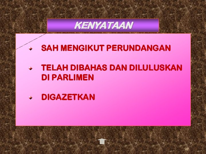 KENYATAAN SAH MENGIKUT PERUNDANGAN TELAH DIBAHAS DAN DILULUSKAN DI PARLIMEN DIGAZETKAN 98 