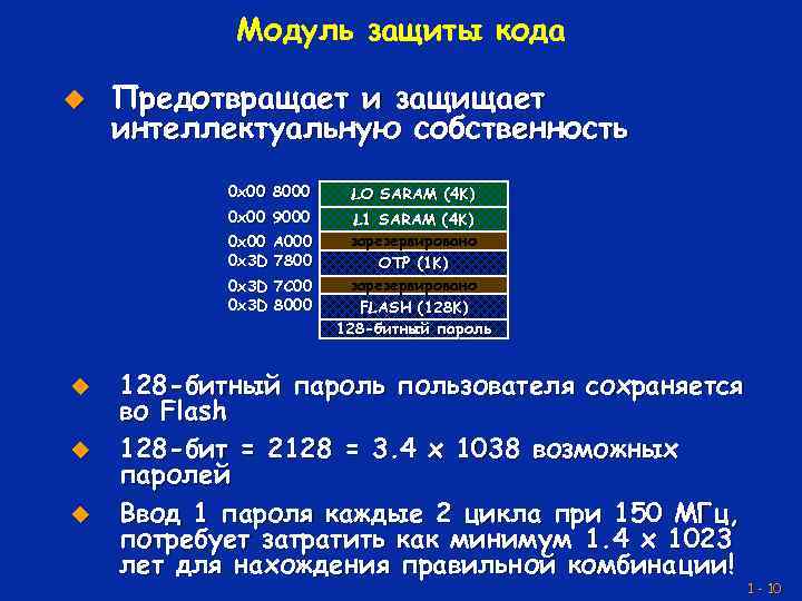 Модуль защиты кода u Предотвращает и защищает интеллектуальную собственность 0 x 00 8000 LO