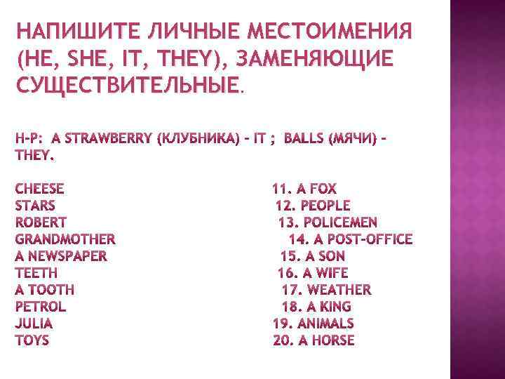 НАПИШИТЕ ЛИЧНЫЕ МЕСТОИМЕНИЯ (HE, SHE, IT, THEY), ЗАМЕНЯЮЩИЕ СУЩЕСТВИТЕЛЬНЫЕ. 