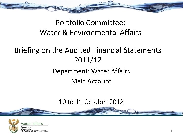 Portfolio Committee: Water & Environmental Affairs Briefing on the Audited Financial Statements 2011/12 Department: