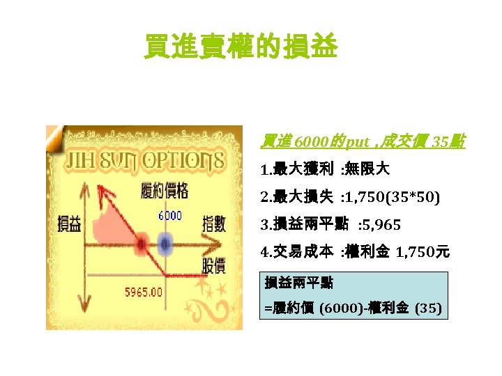 買進賣權的損益 買進 6000的 put， 成交價 35點 1. 最大獲利 : 無限大 2. 最大損失 : 1,