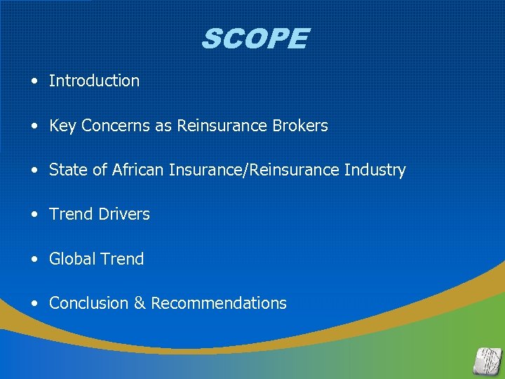 SCOPE • Introduction • Key Concerns as Reinsurance Brokers • State of African Insurance/Reinsurance