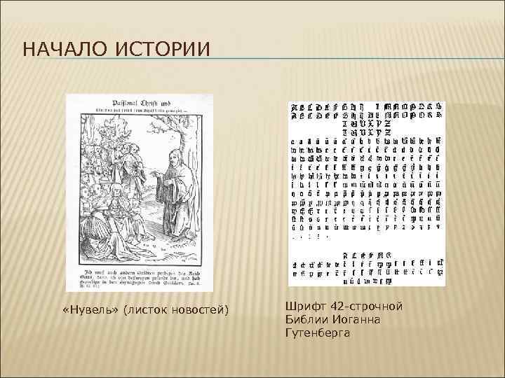 НАЧАЛО ИСТОРИИ «Нувель» (листок новостей) Шрифт 42 -строчной Библии Иоганна Гутенберга 