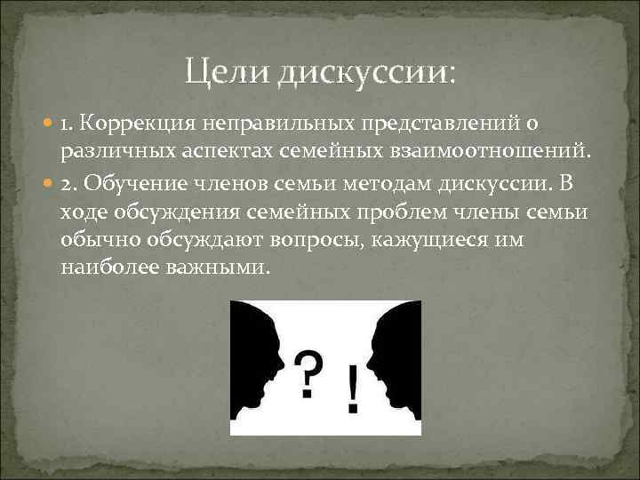 Цели дискуссии: 1. Коррекция неправильных представлений о различных аспектах семейных взаимоотношений. 2. Обучение членов