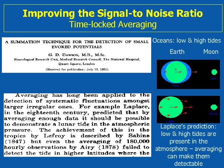 Improving the Signal-to Noise Ratio Time-locked Averaging Oceans: low & high tides Earth Moon