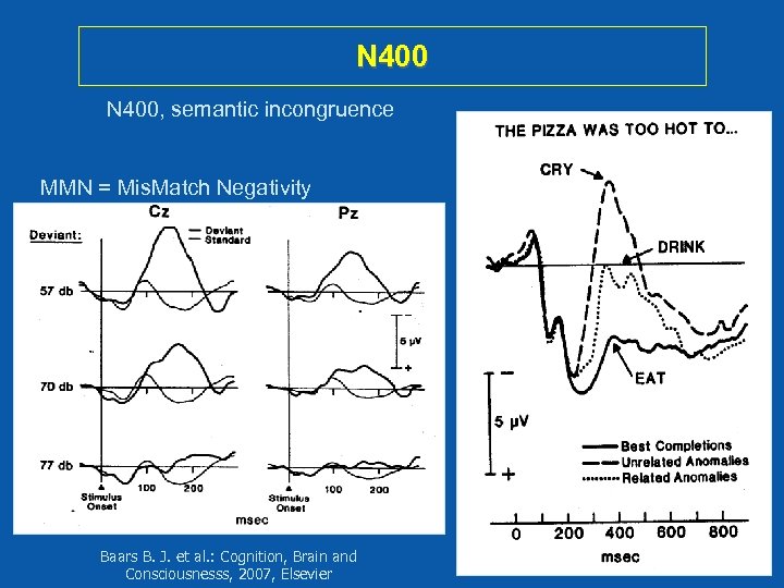 N 400, semantic incongruence MMN = Mis. Match Negativity Baars B. J. et al.