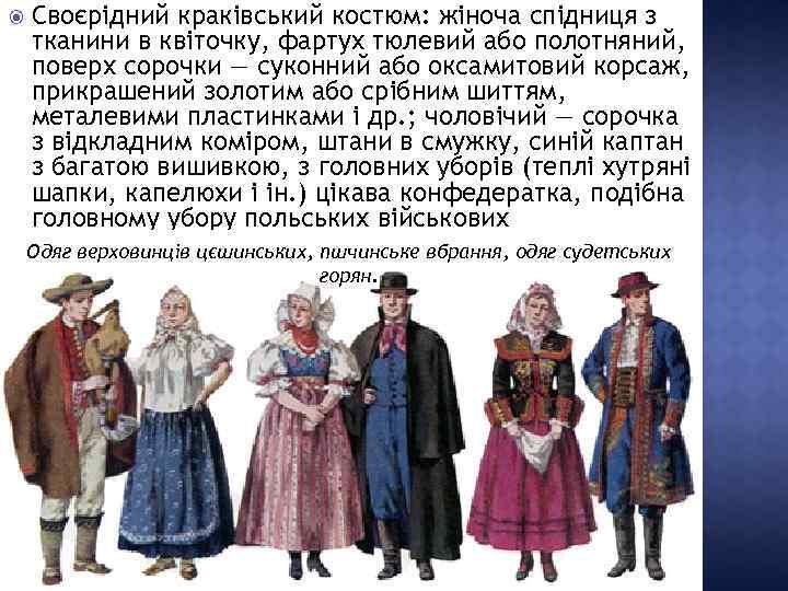  Своєрідний краківський костюм: жіноча спідниця з тканини в квіточку, фартух тюлевий або полотняний,