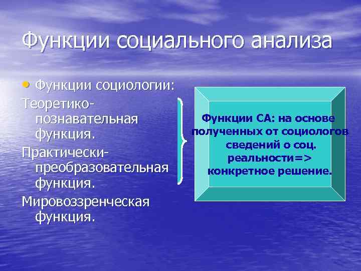 Функции социального анализа • Функции социологии: Теоретикопознавательная функция. Практическипреобразовательная функция. Мировоззренческая функция. Функции СА: