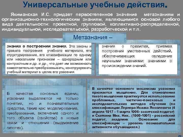 Универсальные учебные действия. Якиманская И. С. придает первостепенное значение метазнаниям и организационно-технологическим знаниям, являющимися