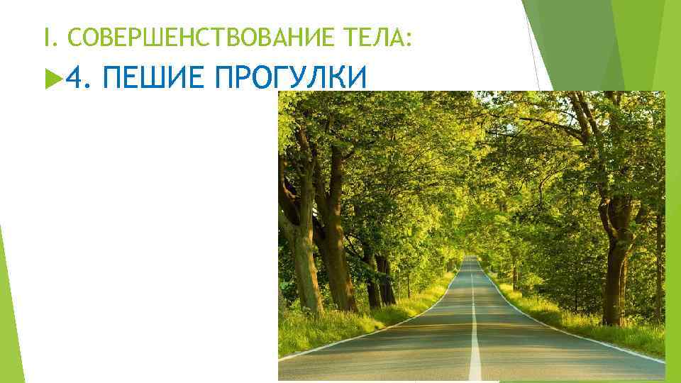 I. СОВЕРШЕНСТВОВАНИЕ ТЕЛА: 4. ПЕШИЕ ПРОГУЛКИ 