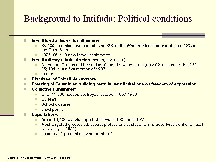 Background to Intifada: Political conditions n n n Israeli land seizures & settlements n