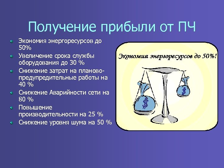 Получение прибыли от ПЧ Экономия энергоресурсов до 50% Увеличение срока службы оборудования до 30