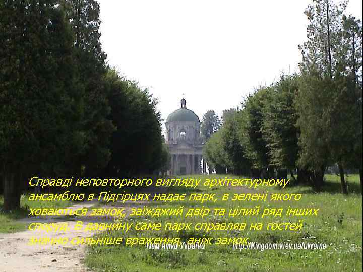  Справді неповторного вигляду архітектурному ансамблю в Підгірцях надає парк, в зелені якого ховаються