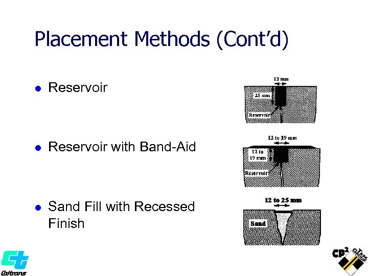 Placement Methods (Cont’d) l Reservoir with Band-Aid l Sand Fill with Recessed Finish 