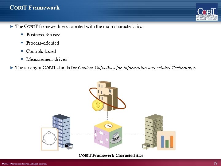COBIT Framework ► The COBIT framework was created with the main characteristics: § Business-focused