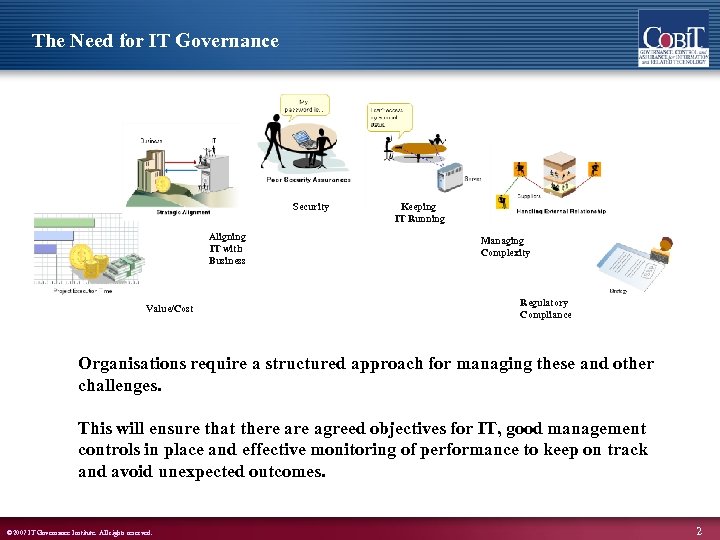 The Need for IT Governance Security Aligning IT with Business Value/Cost Keeping IT Running