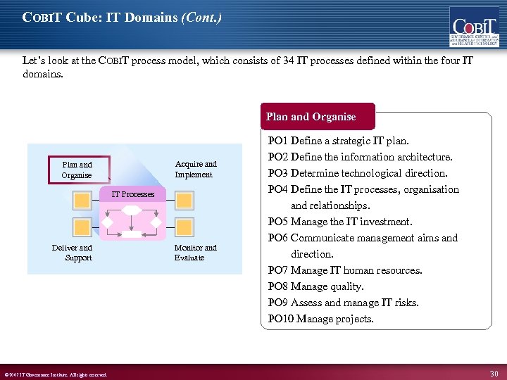 COBIT Cube: IT Domains (Cont. ) Let’s look at the COBIT process model, which