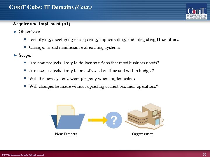 COBIT Cube: IT Domains (Cont. ) Acquire and Implement (AI) ► Objectives: § Identifying,
