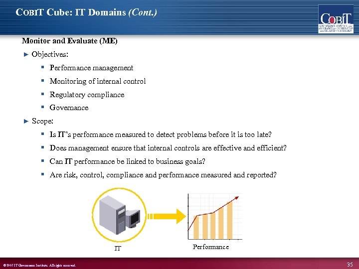 COBIT Cube: IT Domains (Cont. ) Monitor and Evaluate (ME) ► Objectives: § Performance