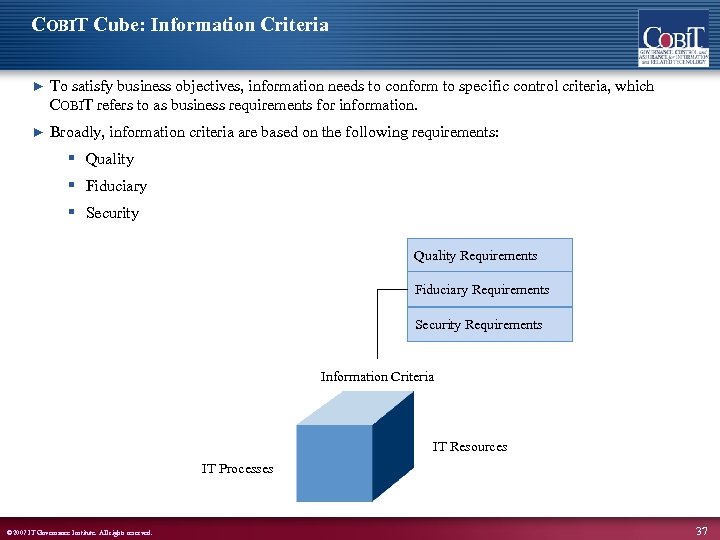 COBIT Cube: Information Criteria ► To satisfy business objectives, information needs to conform to