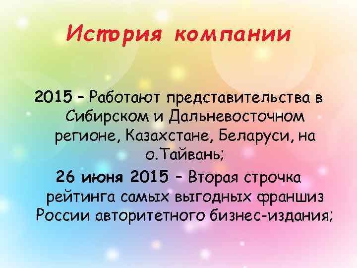 История компании 2015 – Работают представительства в Сибирском и Дальневосточном регионе, Казахстане, Беларуси, на