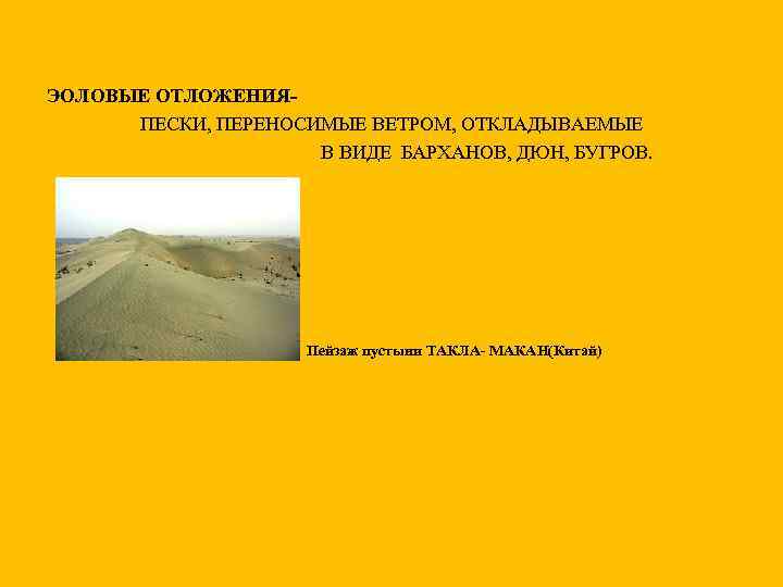 ЭОЛОВЫЕ ОТЛОЖЕНИЯПЕСКИ, ПЕРЕНОСИМЫЕ ВЕТРОМ, ОТКЛАДЫВАЕМЫЕ В ВИДЕ БАРХАНОВ, ДЮН, БУГРОВ. Пейзаж пустыни ТАКЛА- МАКАН(Китай)