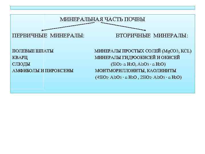 МИНЕРАЛЬНАЯ ЧАСТЬ ПОЧВЫ ПЕРВИЧНЫЕ МИНЕРАЛЫ: ПОЛЕВЫЕ ШПАТЫ КВАРЦ СЛЮДЫ АМФИБОЛЫ И ПИРОКСЕНЫ ВТОРИЧНЫЕ МИНЕРАЛЫ: