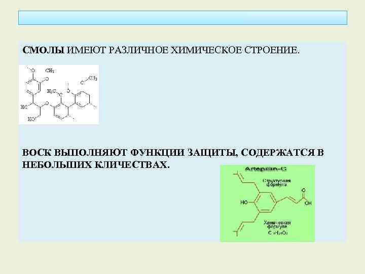 СМОЛЫ ИМЕЮТ РАЗЛИЧНОЕ ХИМИЧЕСКОЕ СТРОЕНИЕ. ВОСК ВЫПОЛНЯЮТ ФУНКЦИИ ЗАЩИТЫ, СОДЕРЖАТСЯ В НЕБОЛЬШИХ КЛИЧЕСТВАХ. 