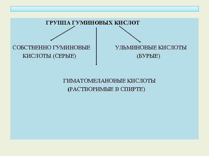 ГРУППА ГУМИНОВЫХ КИСЛОТ СОБСТВЕННО ГУМИНОВЫЕ КИСЛОТЫ (СЕРЫЕ) УЛЬМИНОВЫЕ КИСЛОТЫ (БУРЫЕ) ГИМАТОМЕЛАНОВЫЕ КИСЛОТЫ (РАСТВОРИМЫЕ В