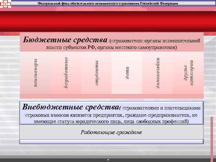 Федеральный фонд обязательного медицинского страхования Российской Федерации Бюджетные средства (страхователи: органы исполнительной другие категории