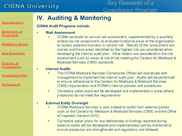 Introduction Overview of Programs Introduction Key Elements of a Compliance Program IV. Auditing &