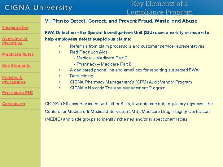 Key Elements of a Compliance Program VI. Plan to Detect, Correct, and Prevent Fraud,