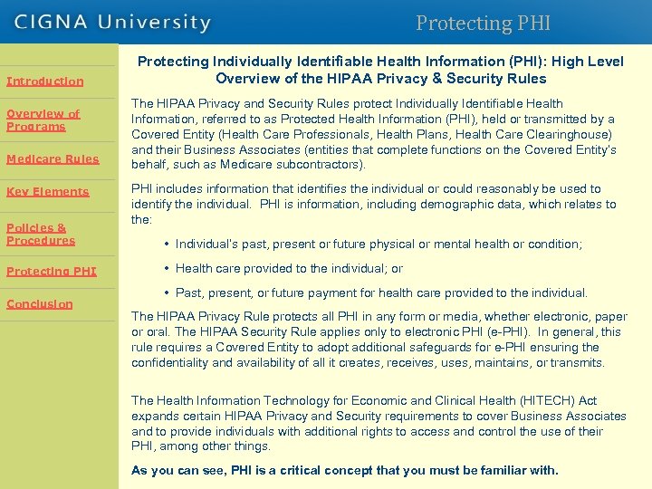 Protecting PHI Introduction Overview of Programs Introduction Overview Rules Medicare of Programs Key Elements