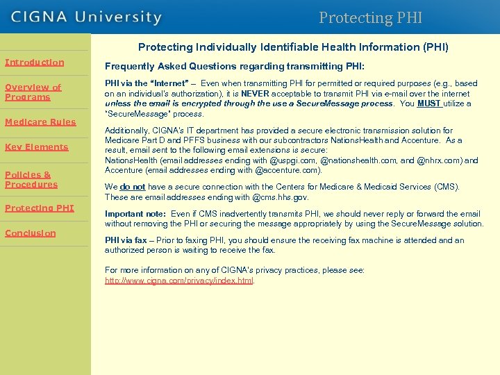 Protecting PHI Protecting Individually Identifiable Health Information (PHI) Introduction Frequently Asked Questions regarding transmitting