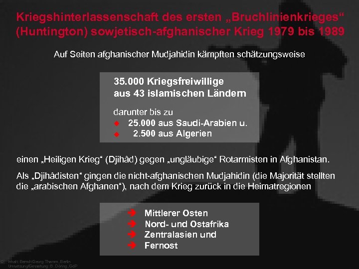 Kriegshinterlassenschaft des ersten „Bruchlinienkrieges“ (Huntington) sowjetisch-afghanischer Krieg 1979 bis 1989 Auf Seiten afghanischer Mudjahidin