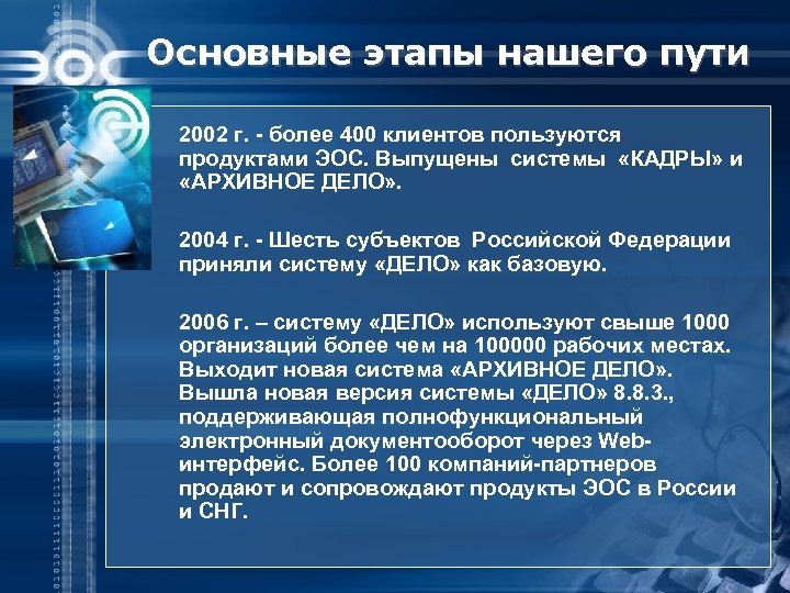 Основные этапы нашего пути 2002 г. - более 400 клиентов пользуются продуктами ЭОС. Выпущены