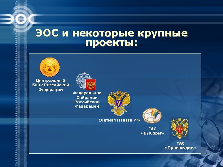 ЭОС и некоторые крупные проекты: Центральный Банк Российской Федерации Федеральное Собрание Российской Федерации Счетная