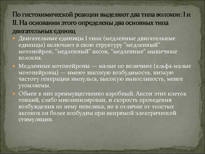 По гистохимической реакции выделяют два типа волокон: I и II. На основании этого определены